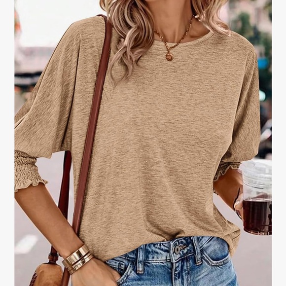 BTFBM Tops - Tan Relaxed Smocked Blouse